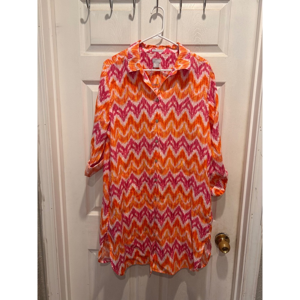 Chicos No Iron 100% Linen Ikat Chevron Tunic Dress Orange Pink Size 2.5 US 14